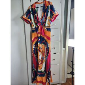 Latiste‎ by Amy Dress Size 2XL Maxi Colorful Short Sleeve Tie Front Pleated